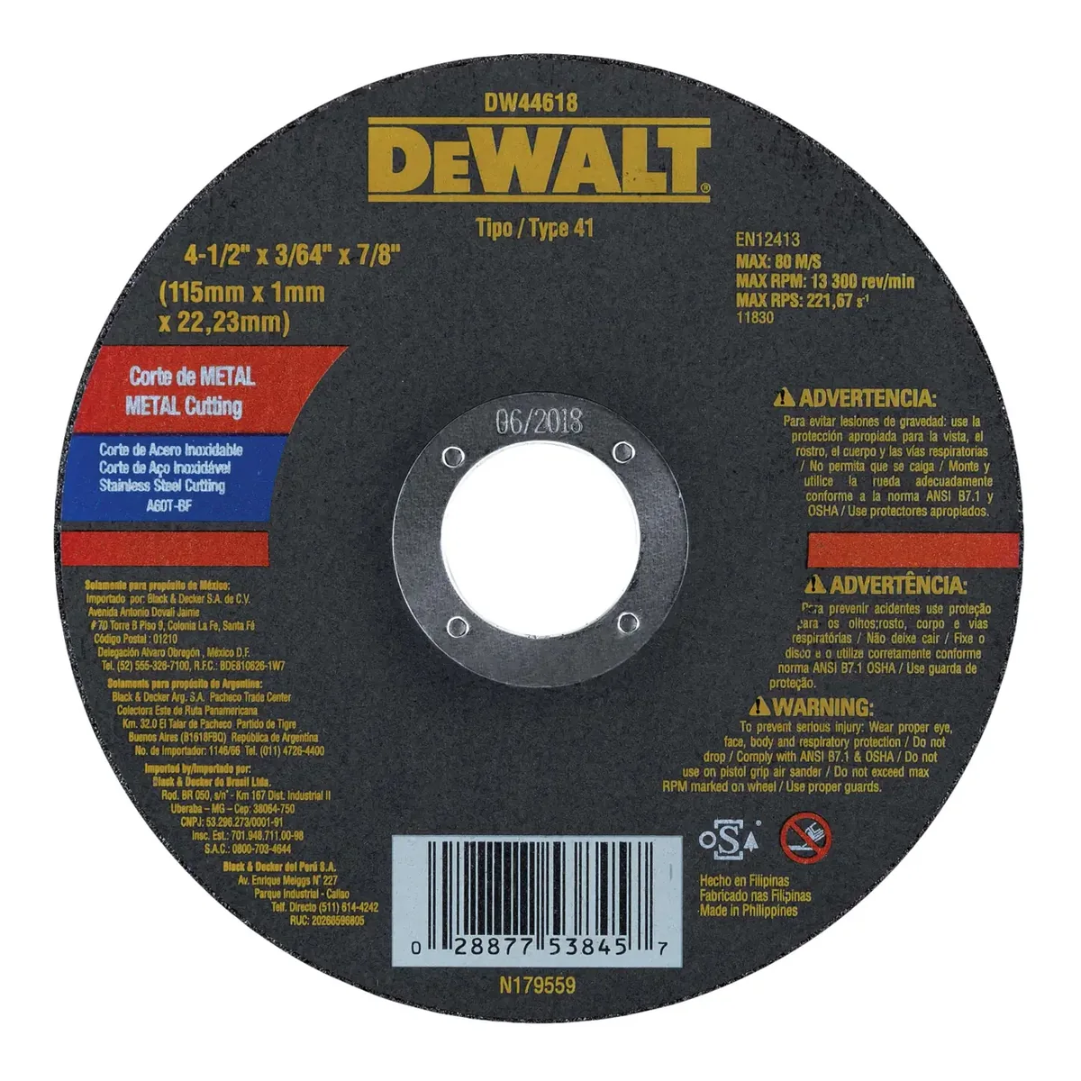 DEWALT Disco De Corte Acero 41/2 X 1.0MM DW44618 Dewalt DEWALT Disco De Corte Acero 41/2 X 1.0MM DW44618 Dewalt DW44618