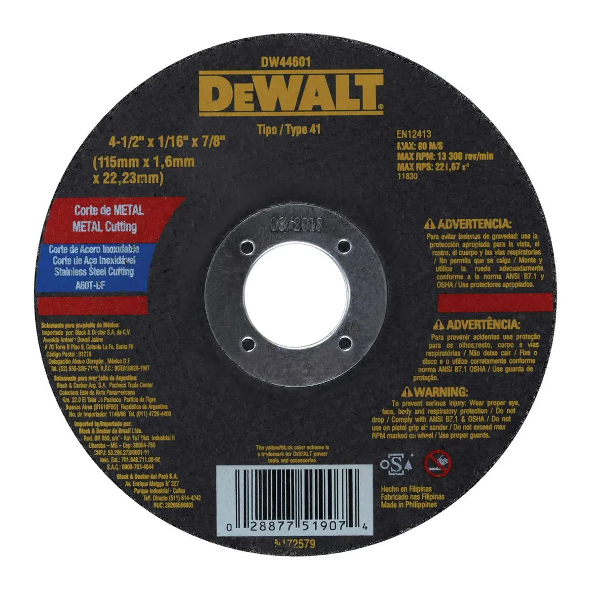 DEWALT Disco De Corte Metal 4 1/2" X 1/16 X 7/8 MM DW44601 Dewalt DEWALT Disco De Corte Metal 4 1/2" X 1/16 X 7/8 MM DW44601 Dewalt BC000188