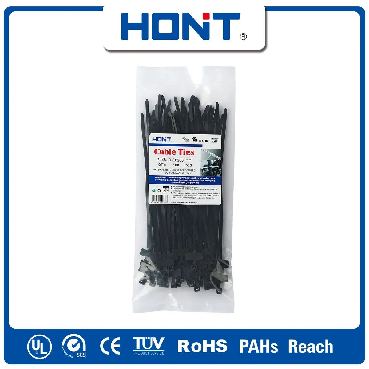 HONT Cintillo Sujecion De Nylon 200X3.6 MM X 100 Und Negro- CIN-200-1-N Hont HONT Cintillo Sujecion De Nylon 200X3.6 MM X 100 Und Negro- CIN-200-1-N Hont CIN-200-1-N