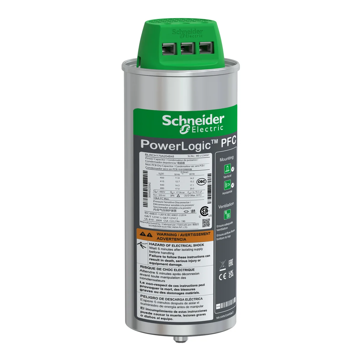 SCHNEIDER Condensador Trifasico 20,4 Kvar En 480 V; 17,1 Kvar En 440 V BLRCH170A204B48 Schneider BLRCH170A204B48