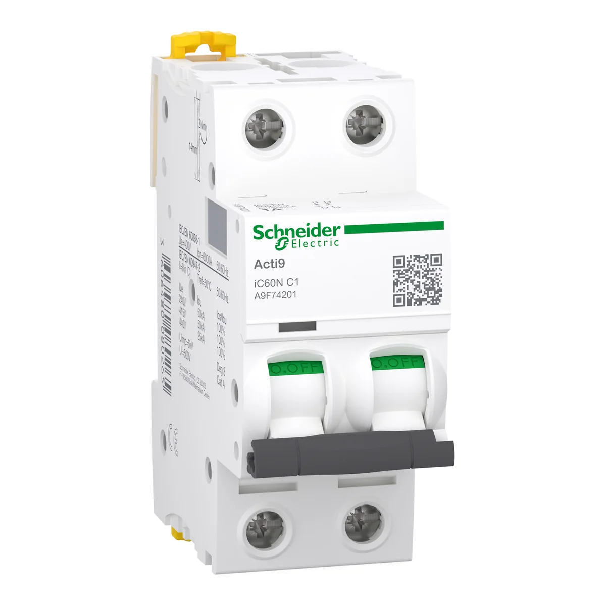 SCHNEIDER Interruptor Termomagnético IC60N 2P 1 A C 230/440 Vac 50/25 Ka P/Riel A9F74201 Schneider A9F74201