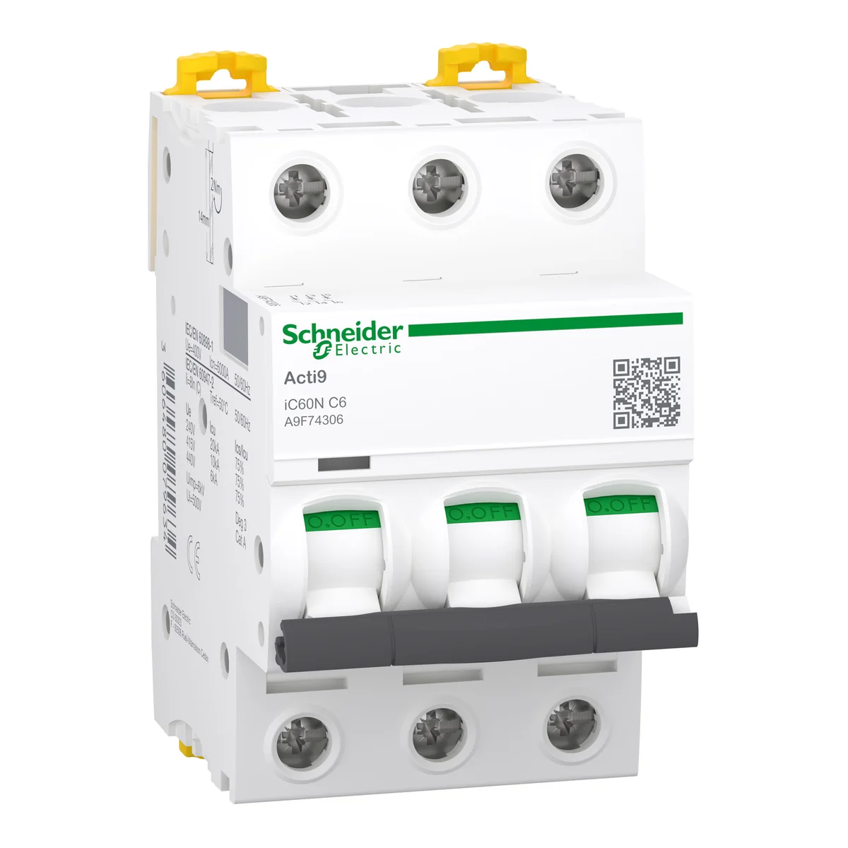 SCHNEIDER Interruptor Termomagnético IC60N 3P 6 A A9F74306- C 230/440 Vac 20/6 Ka P/Riel-Schneider A9F74306