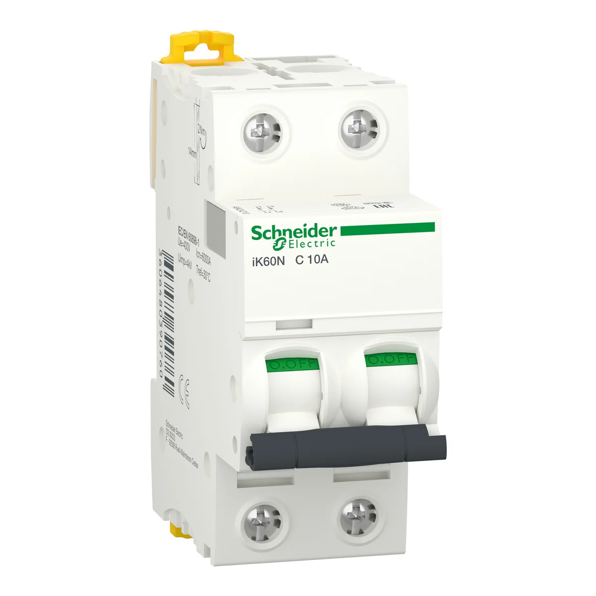 SCHNEIDER Interruptor Automatico Termomagnetico P/Riel 2P 10A 230/400VAC 10/5KA IK60N A9K24210, Marca: Schneider A9K24210