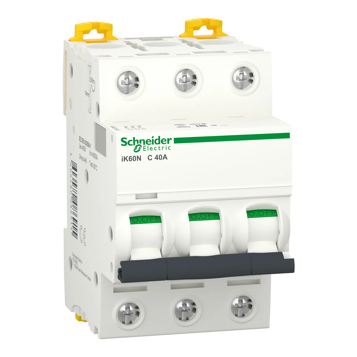 SCHNEIDER Interruptor Automatico Termomagnetico P/Riel 3P 40A 230/400VAC 10/5KA IK60N Curva C A9K24216 Marca:schneider A9K24340