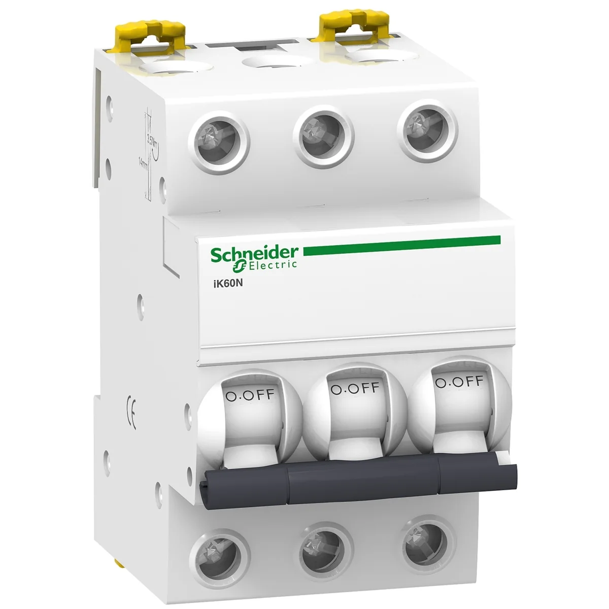 SCHNEIDER Interruptor Automatico Termomagnetico P/Riel 3P 63A 230/400VAC 10/5KA IK60N Curva C A9K24363 Marca: Schneider A9K24363