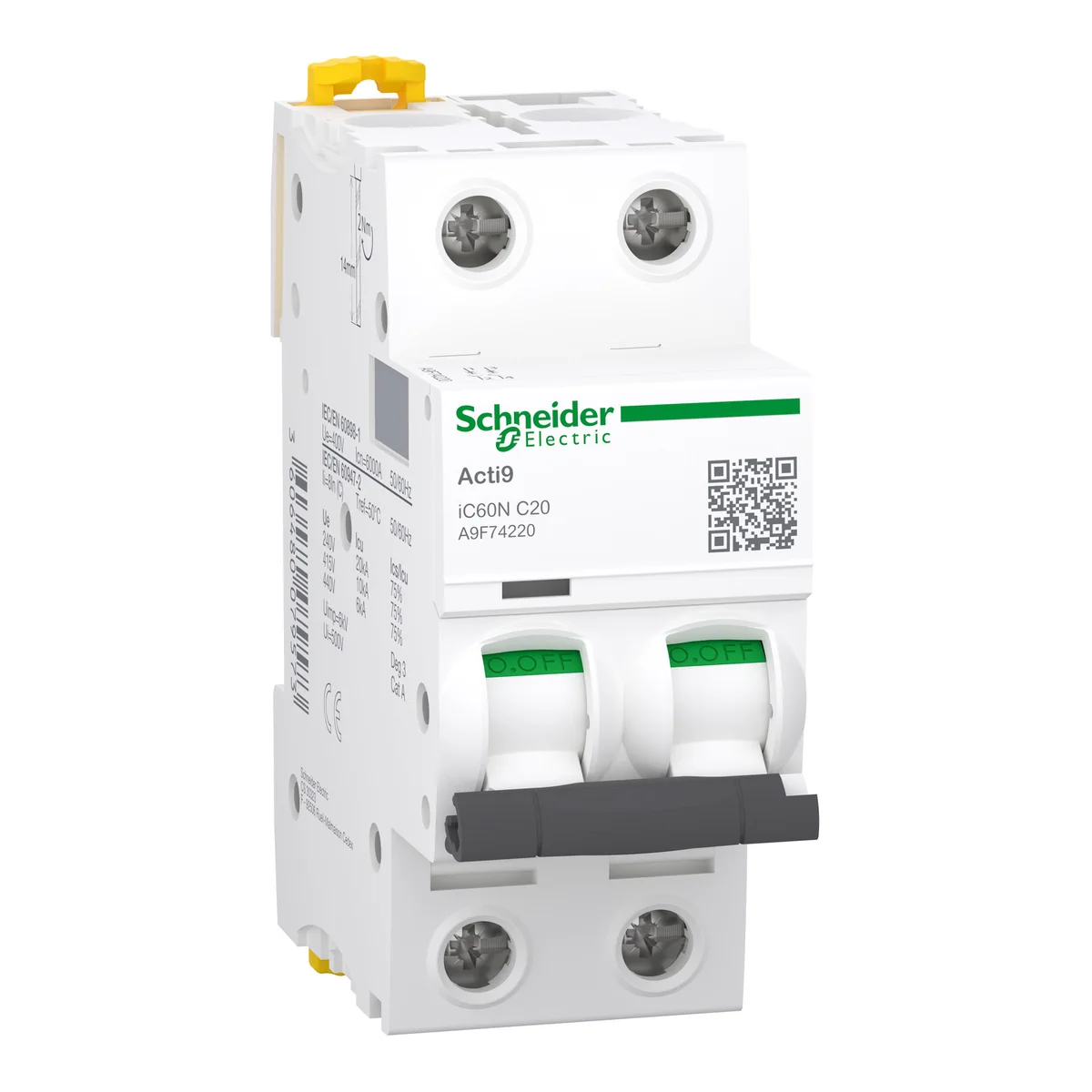 SCHNEIDER Interruptor Termomagnético IC60N 2P 20 A C 230/440 Vac 20/6 Ka P/Riel A9F74220 Schneider A9F74220