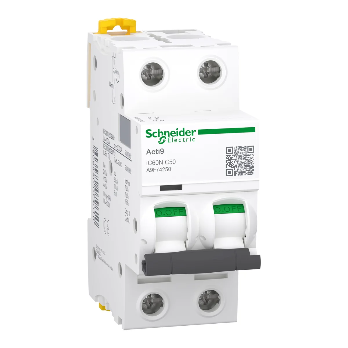 SCHNEIDER Interruptor Termomagnético IC60N 2P 50 A C 230/440 Vac 20/6 Ka P/Riel A9F74250 Schneider A9F74250