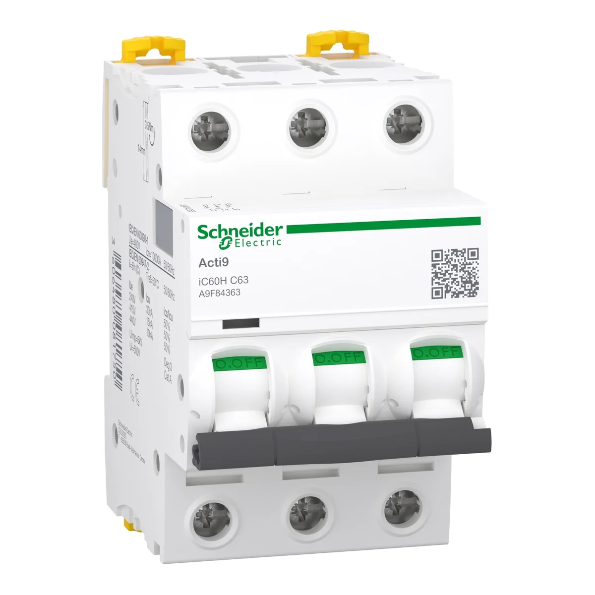 SCHNEIDER Interruptor Aut Termomagnetico P/Riel 3P 63A 230/440V AC 30/10KA IC60H A984363 Schneider A9F84363
