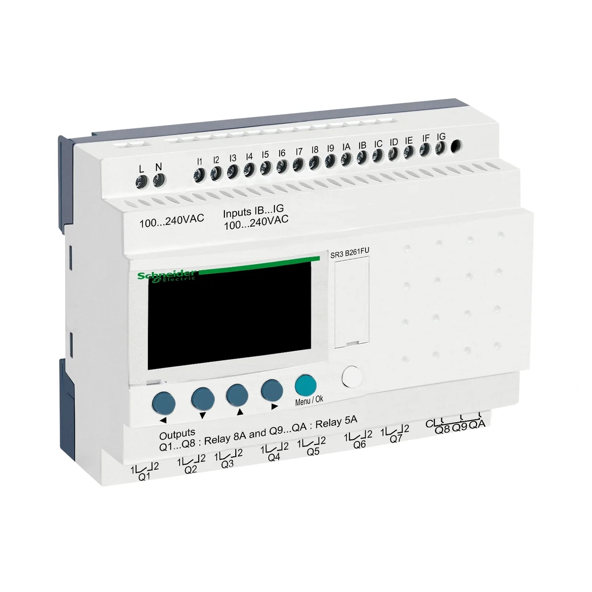SCHNEIDER Relé programable inteligente modular Zelio Logic - 26 E S - 100..240 V CA – 16 entradas - 10 salidas - con reloj - pantalla SR3B261FU