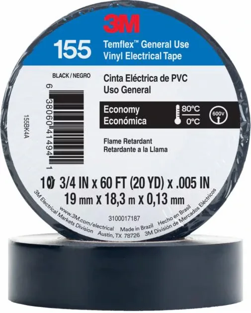 3M Cinta Aislante Temflex 155,VINILO 3/4"X 18 Metros Negro 155, Marca: 3M 155