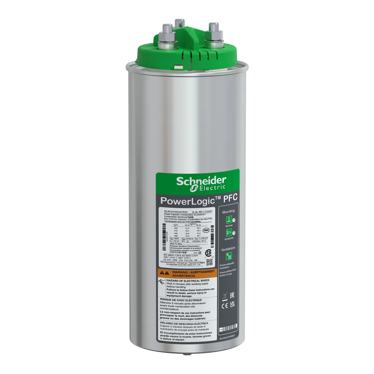 SCHNEIDER Condensador Trifasico 40,7 Kvar En 480 V; 34,2 Kvar En 440 V BLRCH339A407B48 Schneider BLRCH339A407B48